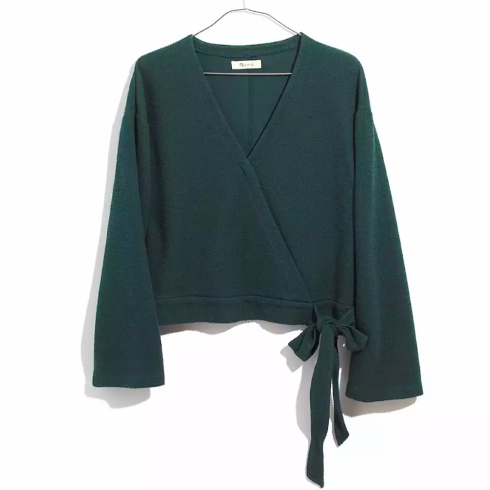 Madewell Texture & Thread Cropped Faux Wrap Top in Smokey Spruce, Size Large